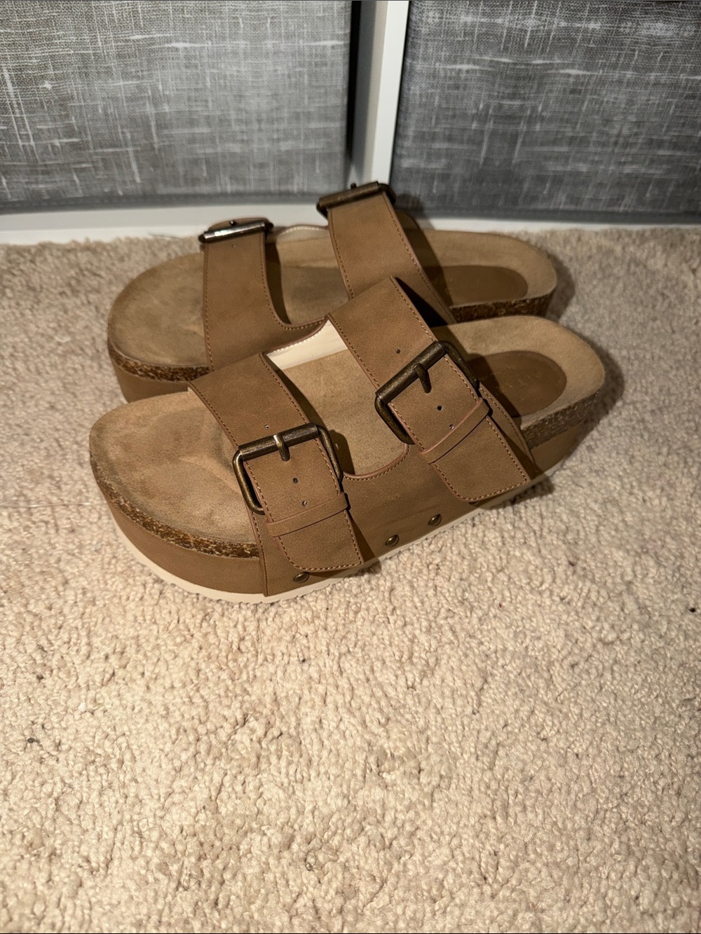 Altar'd State Tan Double Buckle Platform Sandals